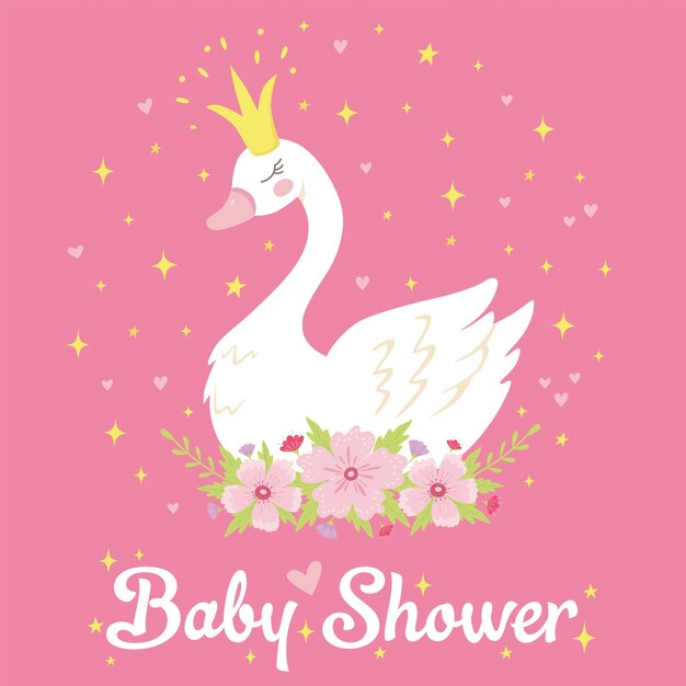 Cute princess swan with flowers on pink background Can be used for baby shower invitation poster