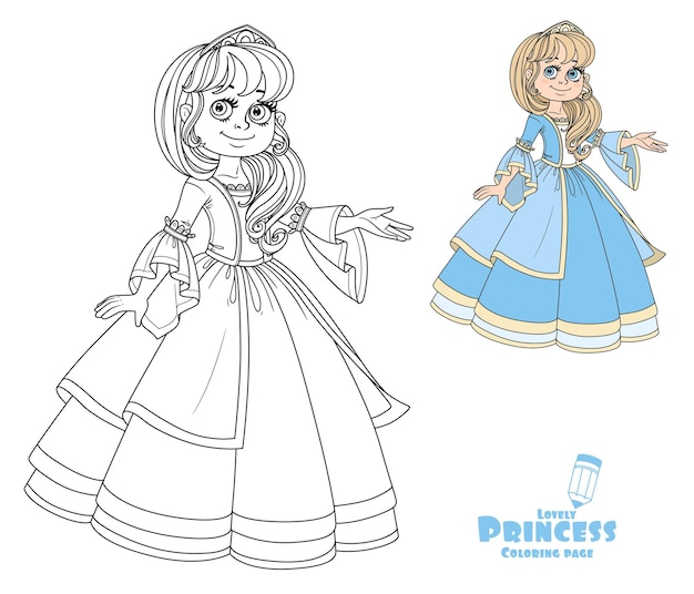 Симпатичная принцесса-подросток в пышном платье и тиаре показывает от себя цвет и обрисованную картинку для раскраски на белом фоне