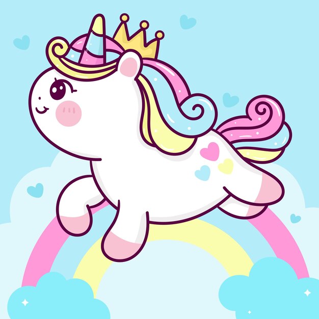 Cute Princess Unicorn cartoon on sweet cloud with rainbow kawaii animal