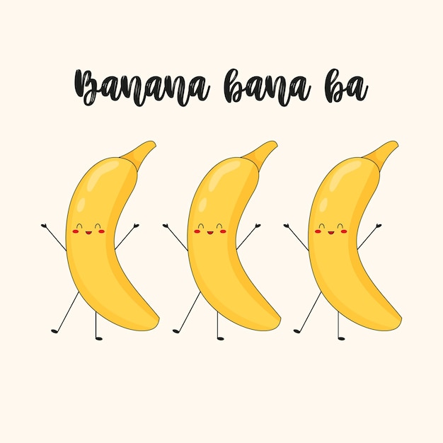 Cute print of banana characters. Concept of banana friendship with text. Flat vector illustration.