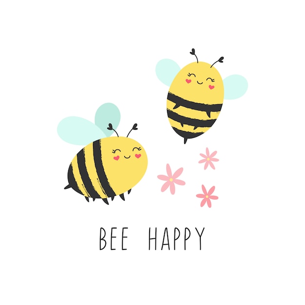Vector cute print of happy bees with flowers.