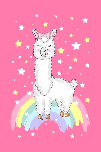 Cute print llama alpaca on rainbow pink background Vector illustration