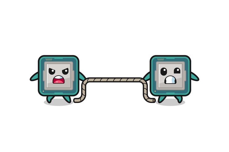 Vector cute processor character is playing tug of war game