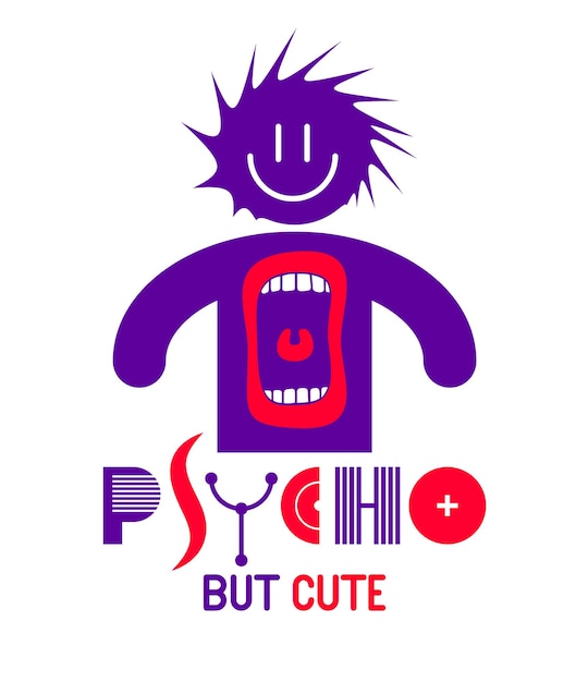 Vector cute but psycho funny vector cartoon logo or poster with weird expression man icon and screaming mouth, t shirt print or social media picture.