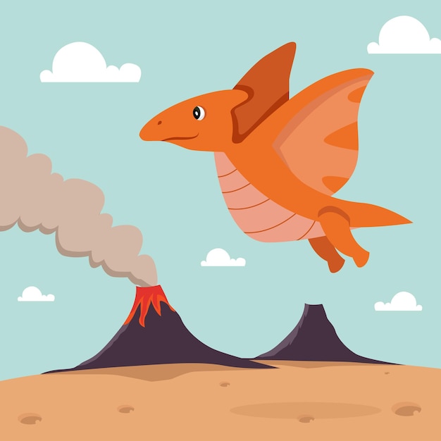 Cute Pterodon Dinosaurus flying on eruption mountain. Flat vector illustration.