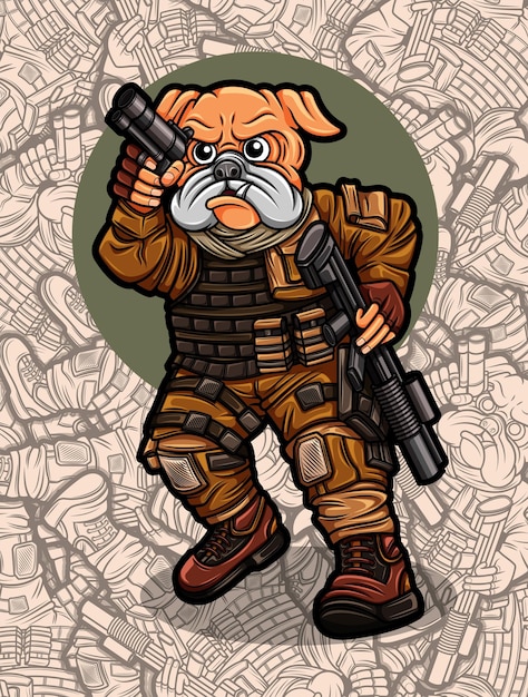 Vector cute pug dog army with gun illustration