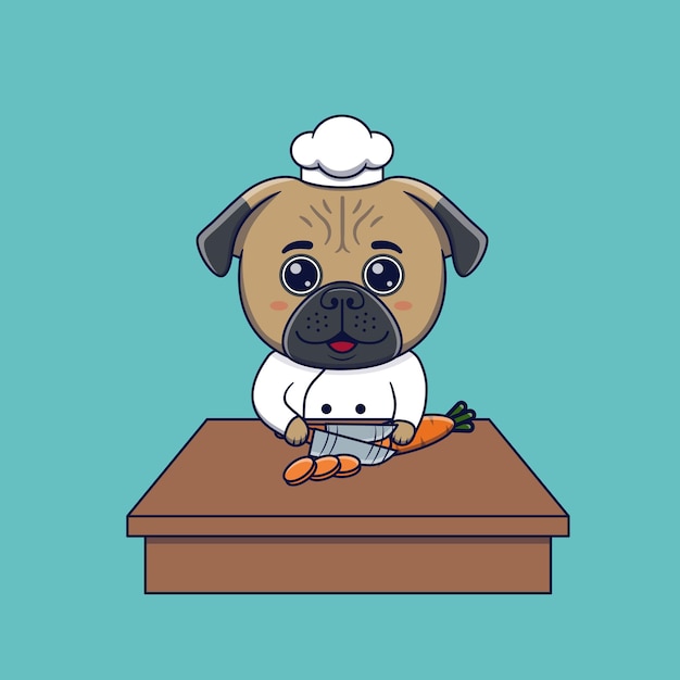 Vector cute pug dog chef cutting carrot