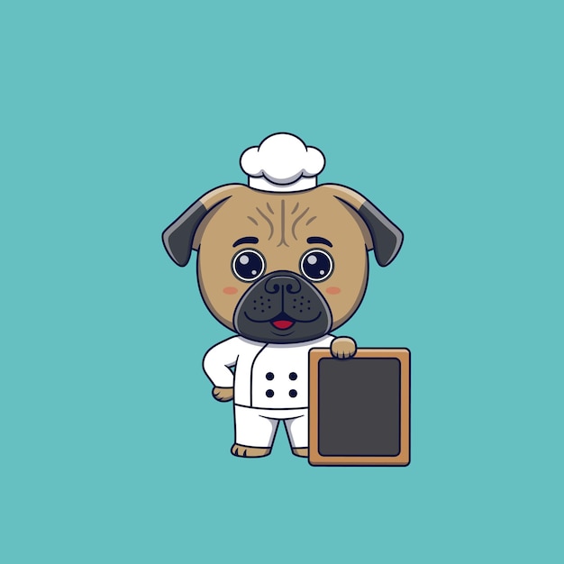 Vector cute pug dog chef standing beside an empty signboard