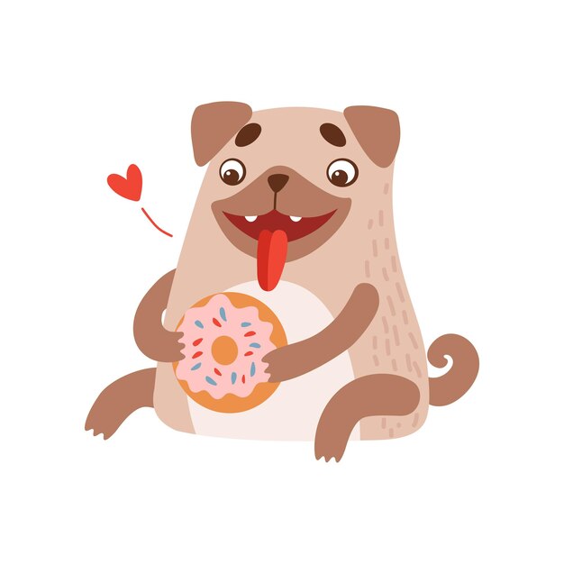 Vector cute pug dog eating donut funny friendly animal pet character vector illustration