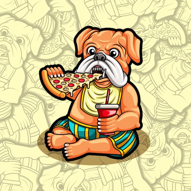 Vettore simpatico cane carlino che mangia pizza illustrazione