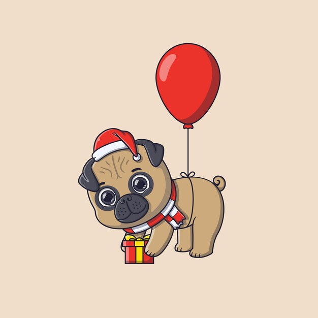 Vector cute pug dog floating with balloon carrying a gift box