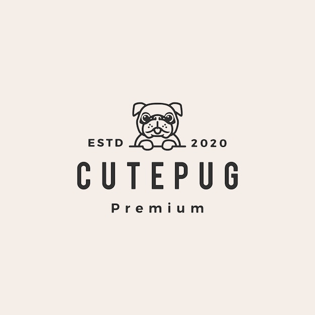 Cute pug dog hipster vintage logo icon illustration