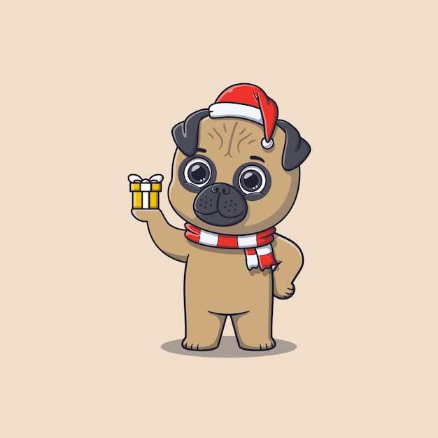 cute pug dog holding small christmas gift