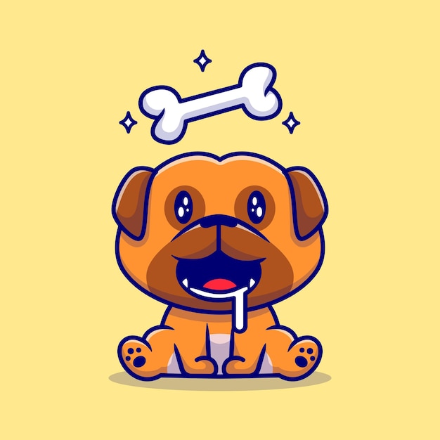Cute pug dog hungry with bone cartoon illustration