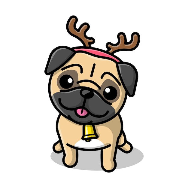 귀여운 퍼그 개는 크리스마스 의상을 입고 있습니다 만화 삽화