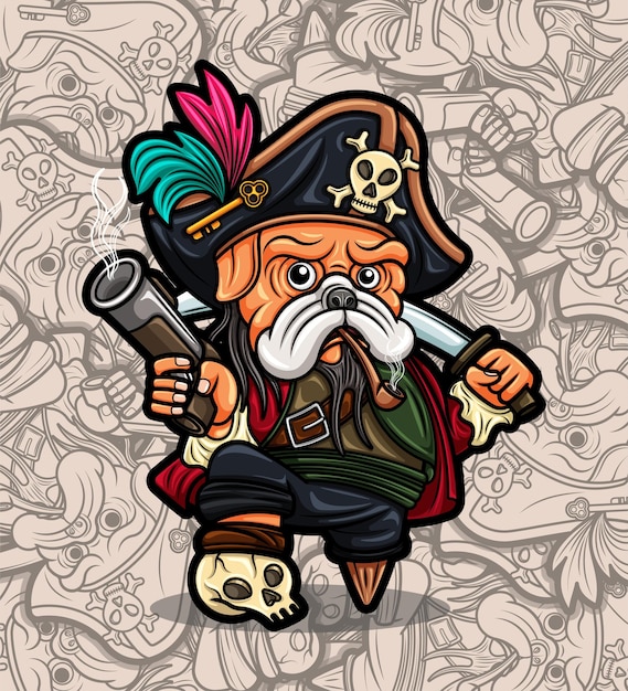 Cute pug dog pirate with gun and sword illustration