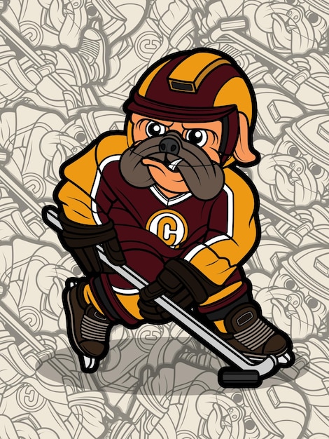 Vector cute pug dog playing hockey illustration