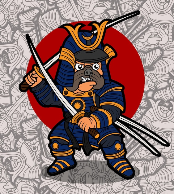 Vector cute pug dog samurai warrior illustration