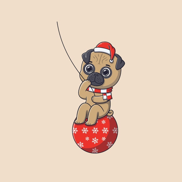 Vettore simpatico cane pug seduto sulla palla di natale