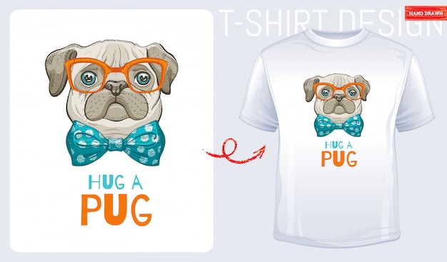 Vettore t-shirt con simpatico cane pug