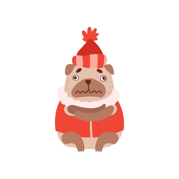 暖かい服を着た可愛いパグ犬 楽しい友好的な動物 赤いコートと帽子を着たペットキャラクター 白い背景のベクトルイラスト