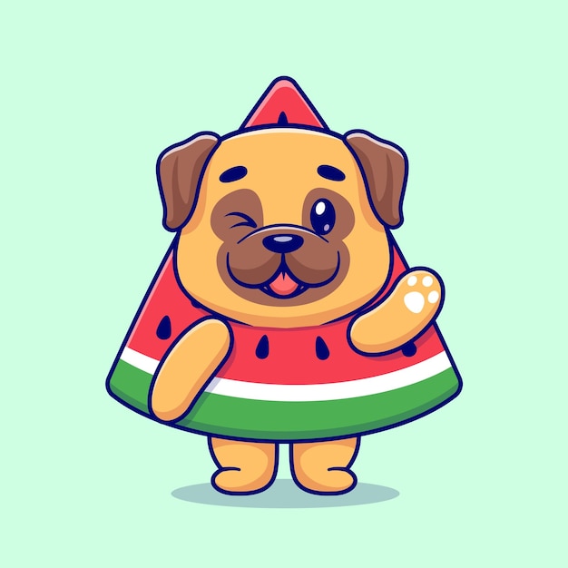 Cute Pug Dog Watermelon Cartoon Vector Icon Illustration. Animal Fruit Icon Concept Isolated Premium