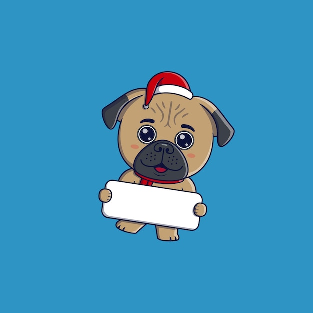 Cute pug dog wearing christmas hat and scarf holding banner