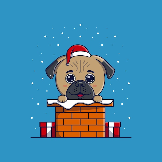 Cute pug dog wearing christmas hat and scarf out of the chimney