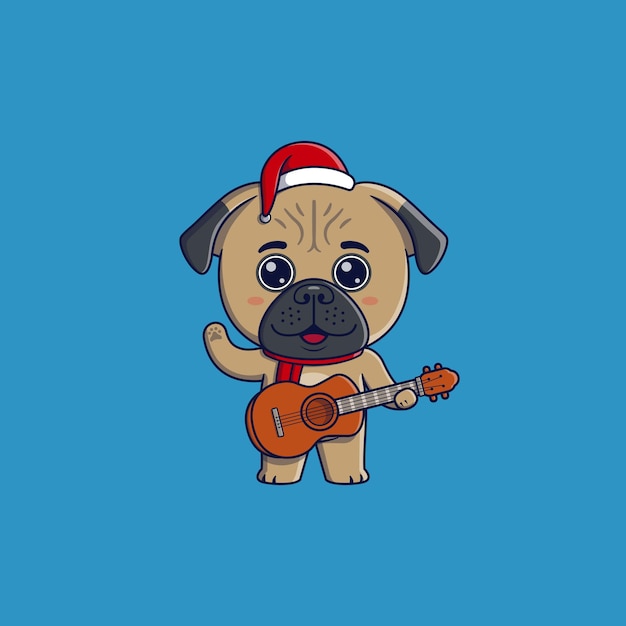 Cute pug dog wearing christmas hat and scarf playing guitar