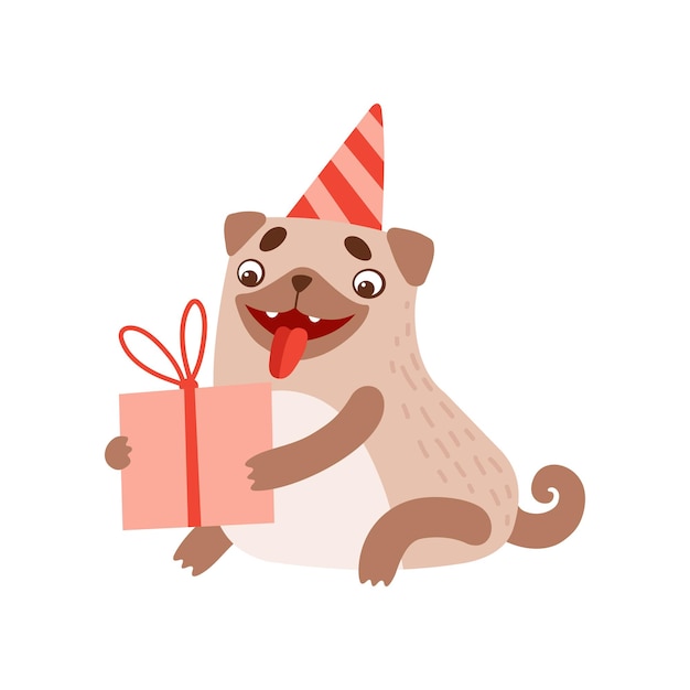 cute pug dog wearing party hat sitting on floor with gift box funny friendly animal pet character