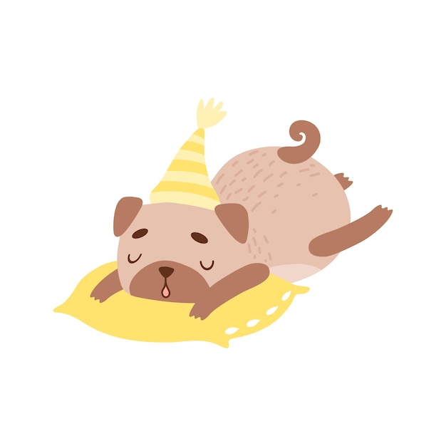 귀여운 푸그 개 노란 모자를 입고 베개 위에서 자는 재미있는 친절한 동물 애완동물 캐릭터  ⁇ 터 일러스트레이션  ⁇  배경