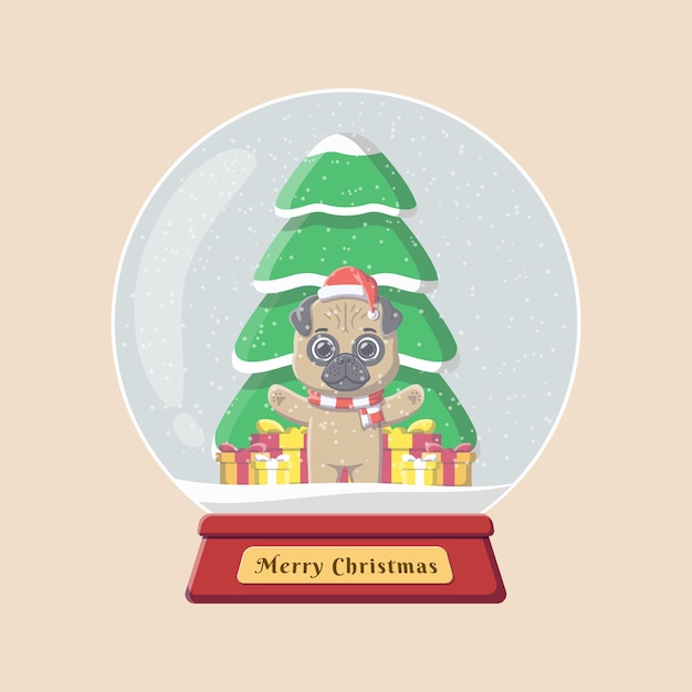 cute pug dog with gifts and christmas tree in snow globe