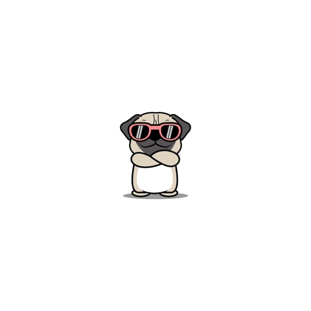 Cute pug dog with sunglasses crossing arms cartoonillustration