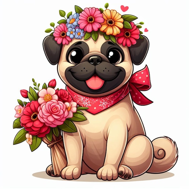 Вектор Иллюстрация мультфильма flower vector cute pug dogs