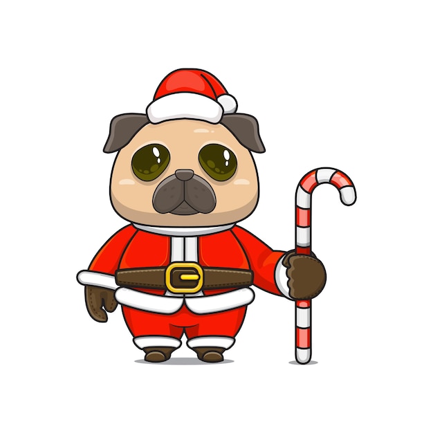 Cute pug holding candy cane cartoon animal in christmas costume