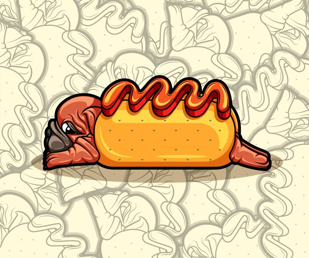 Vector cute pug in hot dog illustration