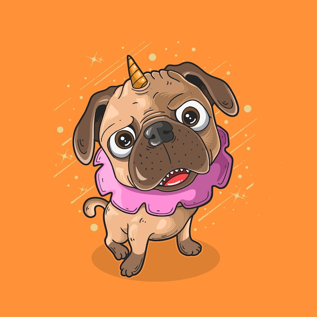 Cute pug puppy cartoon with unicorn horn and pink cute collar illustration on orange background