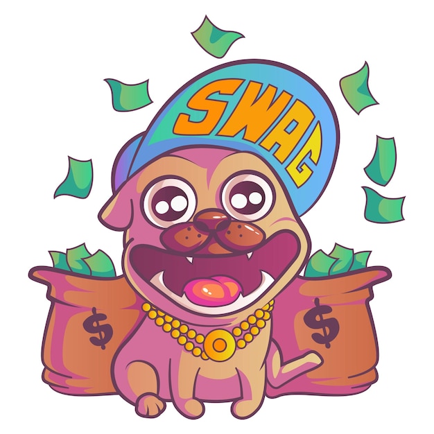 Cute pug wearing a cap with Swag written over it and money bags in the background
