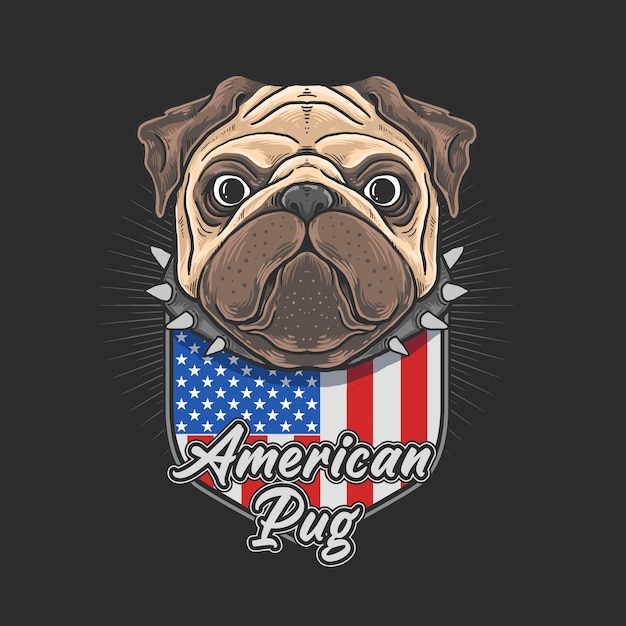 cute pug with american flag emblem