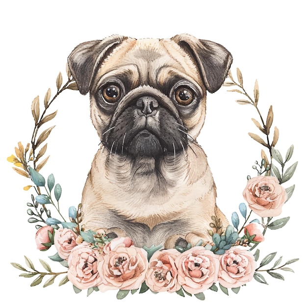 Vector cute pug with flower wreath vector illustration in watercolour style