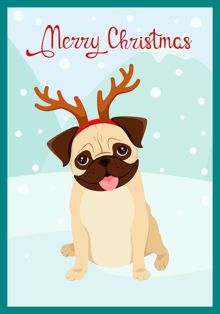 Cute pug with horns. christmas card with a dog.