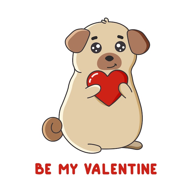 Cute pug with red heart in cartoon style. Be my Valentine. Happy Valentine's day.