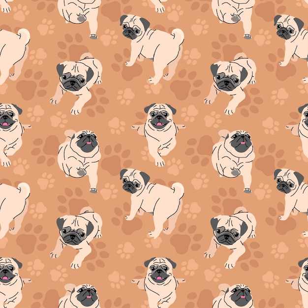 CUTE PUG WITH SOME DIFFERENT MOVES IN BROWN DOG PAWS BACKGROUND FLAT SEAMLESS PATTERN