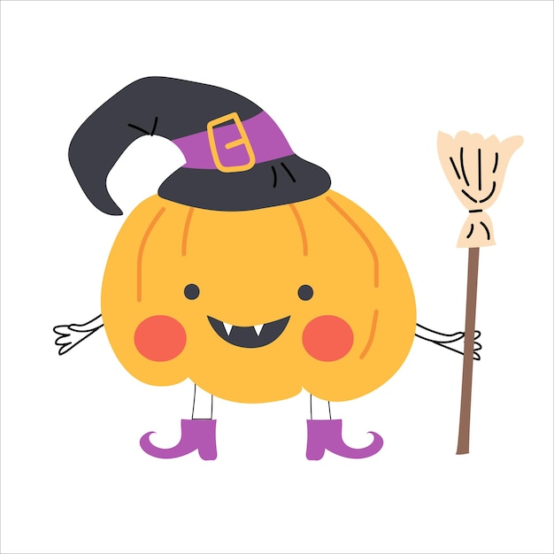 Cute pumkin halloween character in witch costume