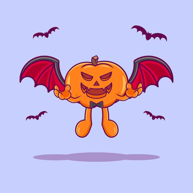 Vector cute pumpkin bat flying cartoon illustration premium vector