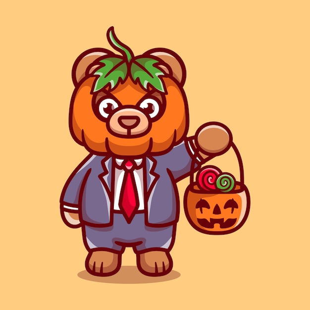 かわいいカボチャのクマはハロウィーンのキャンディーをもたらします