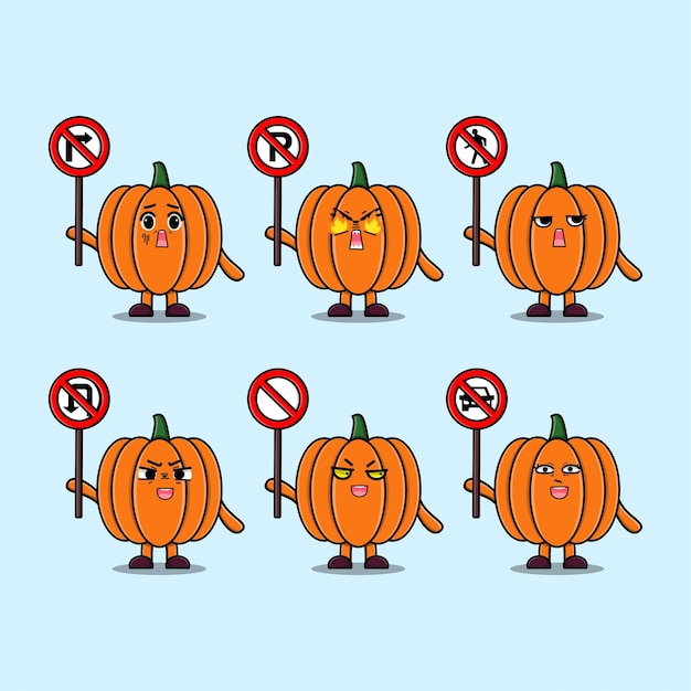 Cute Pumpkin cartoon character holding traffic sign illustration in modern 3d style design