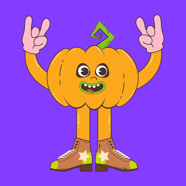 Симпатичный персонаж тыквы на Хэллоуин в стиле ретро-мультфильма. Вектор тыквенного талисмана в стиле Groovvy.