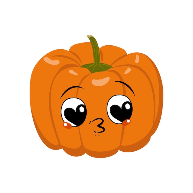 Vector cute pumpkin character with joy emotions, face, big hearts eyes falls in love, kiss lips. festive decoration for halloween. mischievous vegetable hero