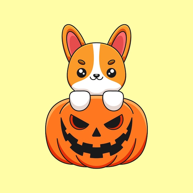 Cute pumpkin corgi halloween cartoon mascot doodle art hand drawn concept vector kawaii icon illustration